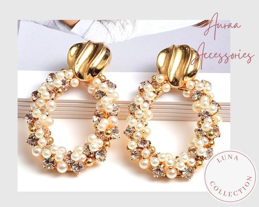Rhinestone Crystal Pearl Gold statement Earrings, Vintage Style Pearl Rhinestone Drop Earrings, Ornate Statement Earrings, Fashion Earrings