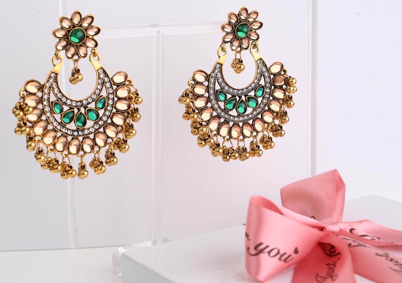 Antique Chaandbali, Indian Earrings, Pakistani Earrings, Jhumka, Desi Earrings, Polki Kundan style Boho Gypsy Earrings, Indian jewellery