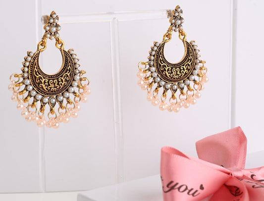 Antique Gold Pearl Chaandbali, Small Pearl tassel Earrings, Indian Pakistani Chandbali, Ethnic Boho Gypsy Earrings, Desi Afghan Earrings