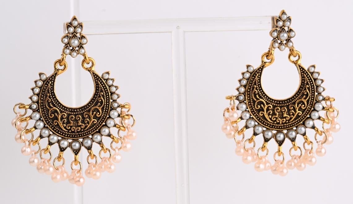 Antique Gold Pearl Chaandbali, Small Pearl tassel Earrings, Indian Pakistani Chandbali, Ethnic Boho Gypsy Earrings, Desi Afghan Earrings