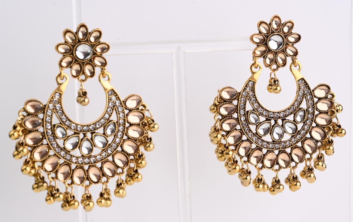 Antique Chaandbali, Indian Earrings, Pakistani Earrings, Jhumka, Desi Earrings, Polki Kundan style Boho Gypsy Earrings, Indian jewellery