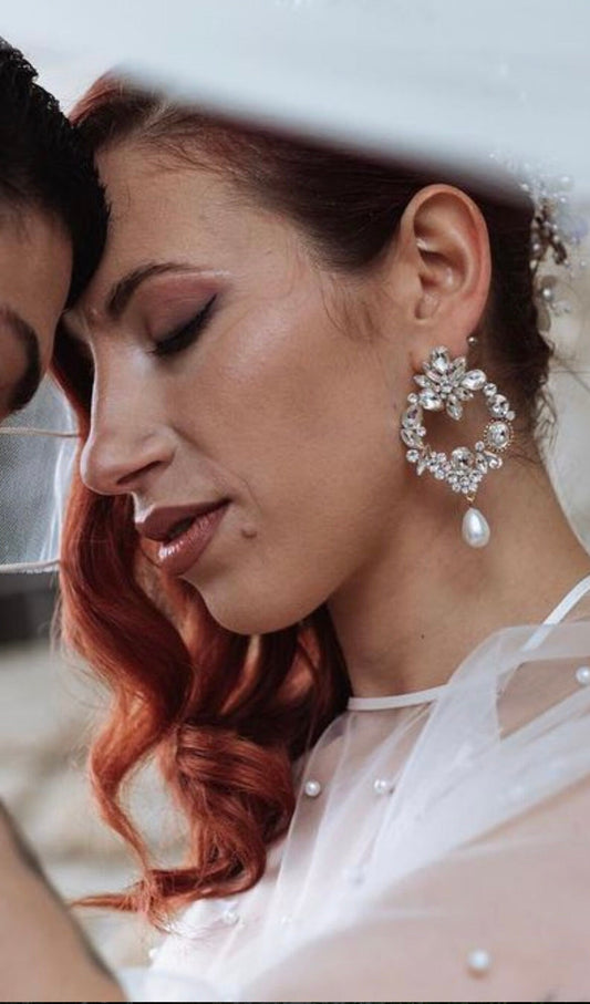 Statement White Drop Wedding Earrings, Statement Rhinestone Bridal Earrings, Modern Wedding Earrings, Boho Bridal Accessories Pearl Earrings