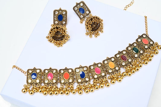 Antique Style Necklace and Earrings Set, Colourful Necklace Set, Necklace Choker Set, Indian Pakistani Jewellery, Mehndi Haldi Jewellery