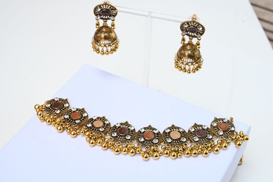 Statement Choker Necklace and Jhumka Earrings Set, Rhinestone Necklace Set, Gold Neutral Necklace Choker Set, Indian Pakistani Jewellery,