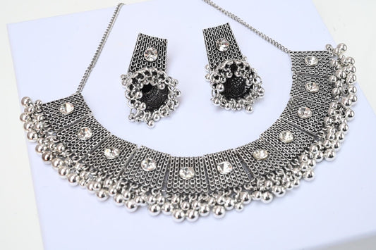 Silver Ethnic Choker necklace and Earrings Set/ Rhinestone Bib Necklace Choker Set, Tribal Indian Pakistani Jewellery set, Party Jewellery,