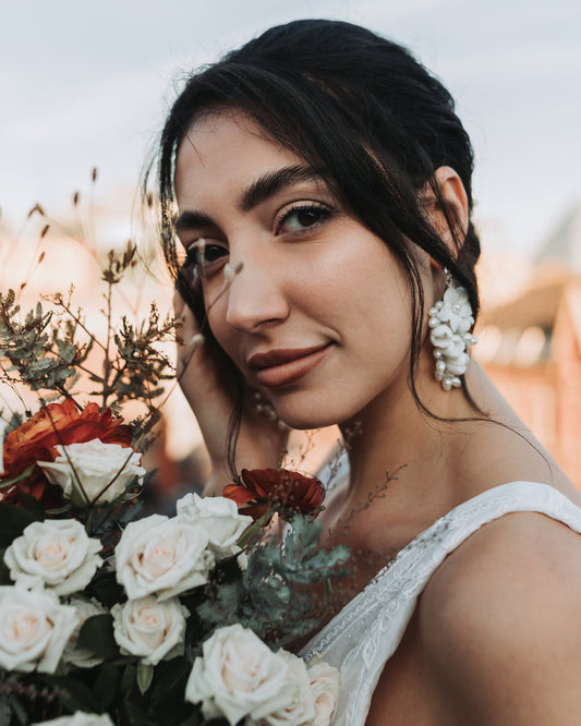 White flower wedding earrings, Statement drop Wedding Earring, Porcelain weddingEarrings, Modern boho Wedding Earring, Floral bridal earring