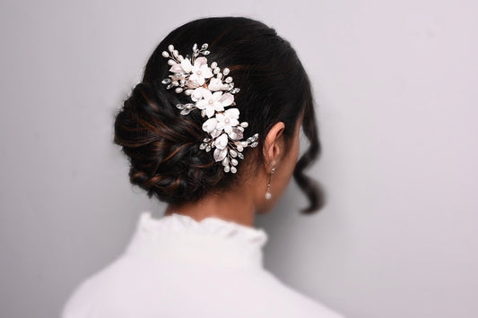 White Porcelain Flower Wedding Hair Comb/ Bridal hair accessories, Floral Hairpiece comb, Wedding hairpiece, Ceramic Pearl Bridal Hair Slide