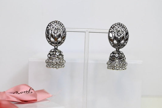 Silver Mirror Jhumka Earrings/Oxidized Indian Earrings, Antique Style Pakistani Earrings, Desi Indian jhumki earrings, Ethnic Bali Earrings